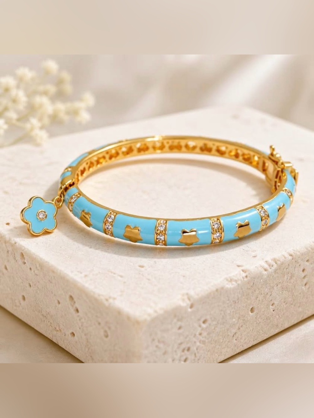 Gold & Light Blue Enamel Bangle with Flower Charm Accent